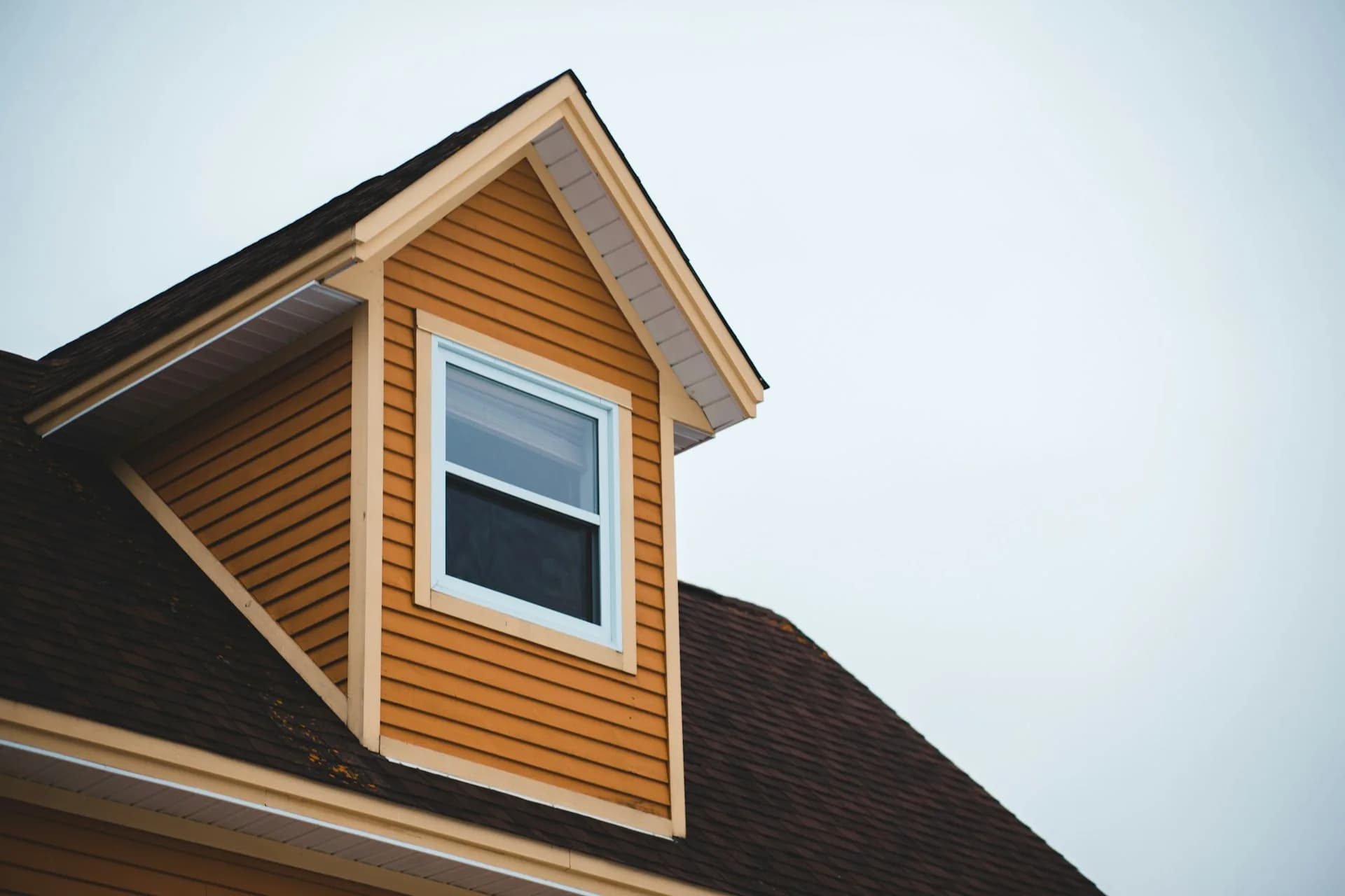 White double-hung window in a siding dormer